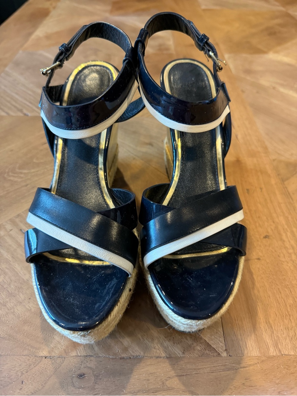 Lanvin Black and Cream Espadrille Platform Wedge Sandals